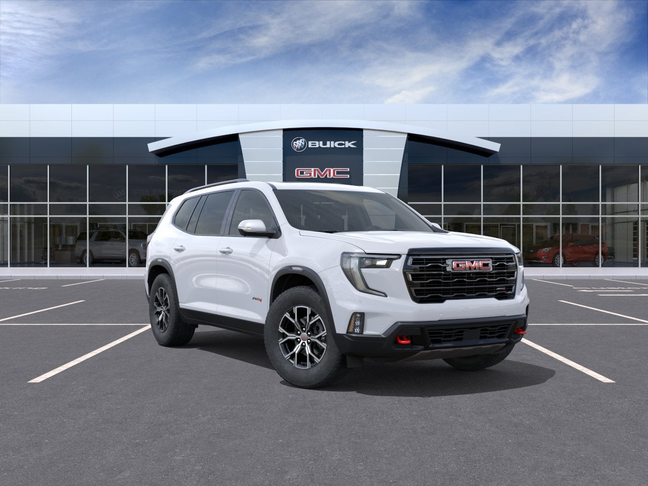 2026 GMC Acadia AT4 in Summit White — front three-quarter view